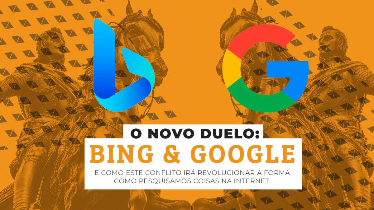 Banner para o texto: "SEO & Ads 2.0 A era das buscas por IA" mostrando os logos do navegador Bing na esquerda e o logo do navegador Google Chrome na direita em primeiro plano. Abaixo, o título do texto. Em segundo plano, a imagem de dois cavaleiros, um de frente para o outro simulando um embate.